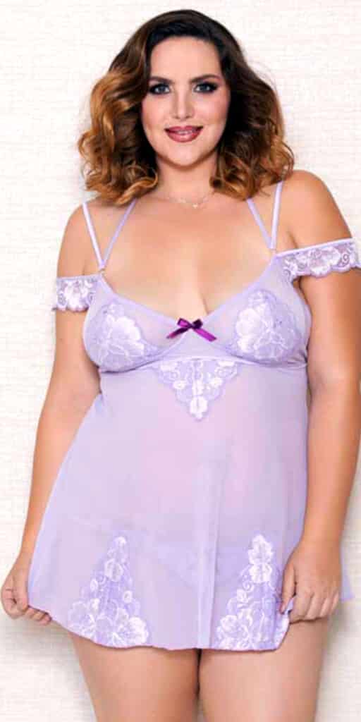 Plus Size Lavender Lace Mesh Chemise With G String Sexy Lingerie