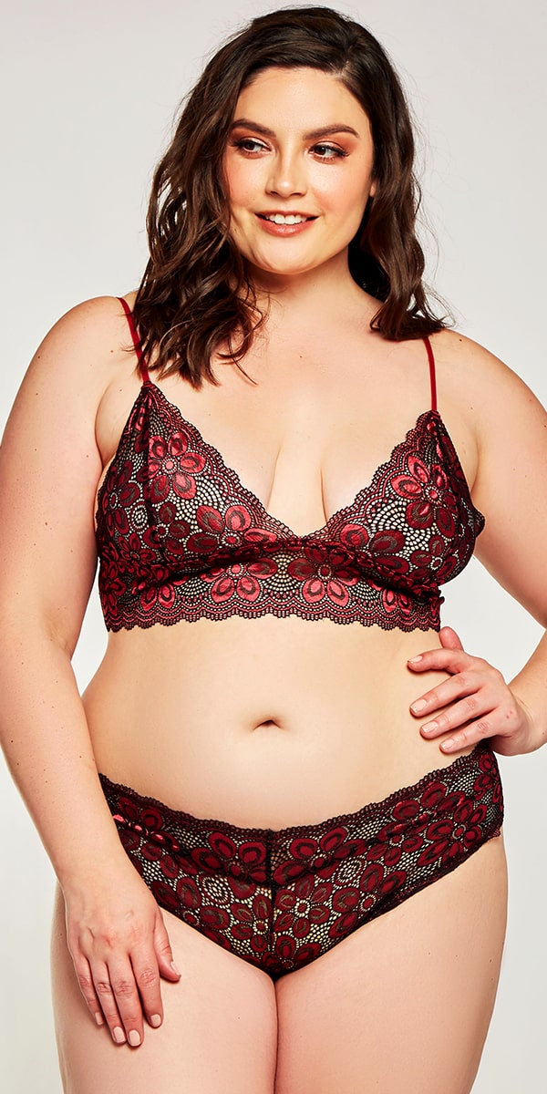 plus size red cross dyed lace bralette with panty set sexy women's intimates