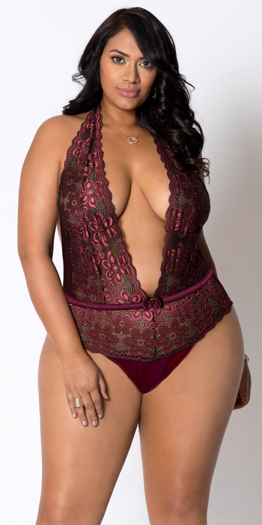 plus size wine allover lace halter teddy sexy women's lingerie