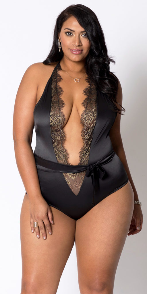 plus size black and gold lace satin teddy with self waist tie sexy women's lingerie