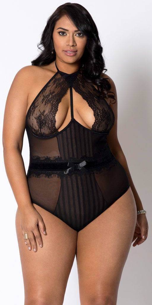 plus size black open chest lace stripe mesh teddy sexy women's lingerie