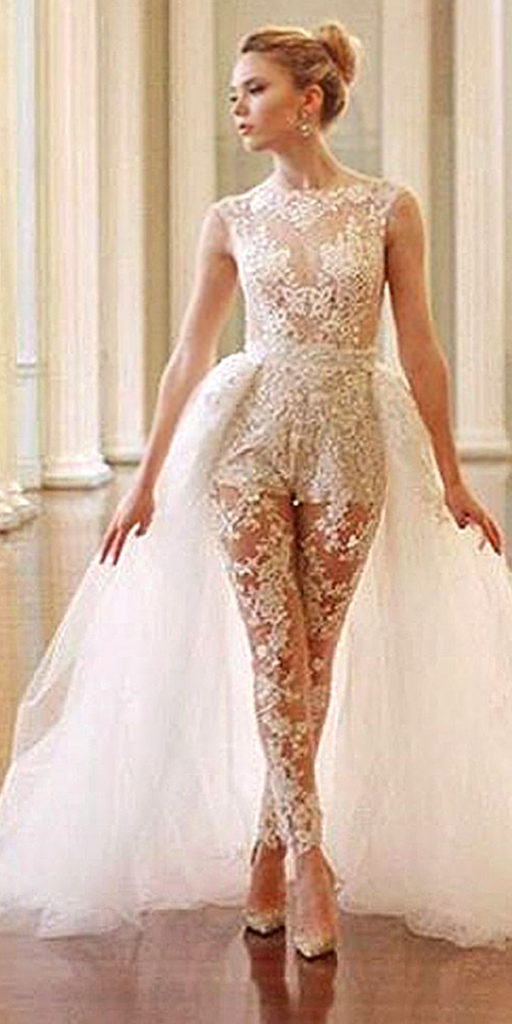 jumpsuit wedding dress with detachable train sexy women's bridal gowns