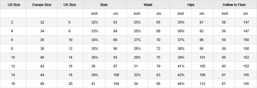 women's bridal gowns size chart