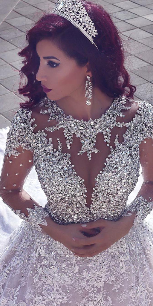 sequined beaded long sleeve wedding dress with long train sexy women's bridal gowns