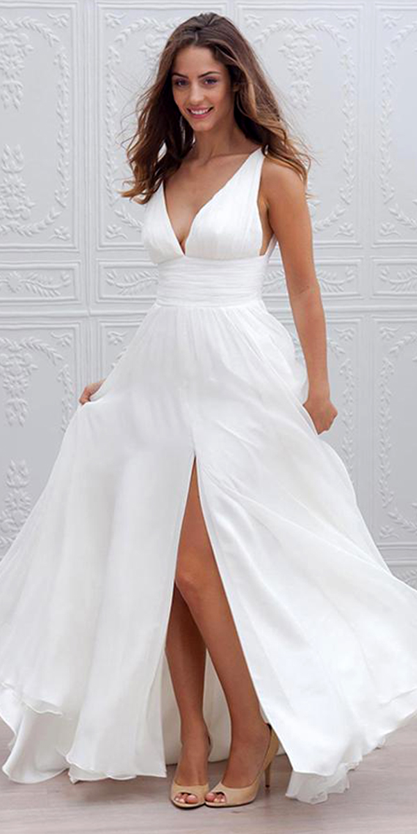 v-neck chiffon a-line wedding dress sexy women's bridal gowns