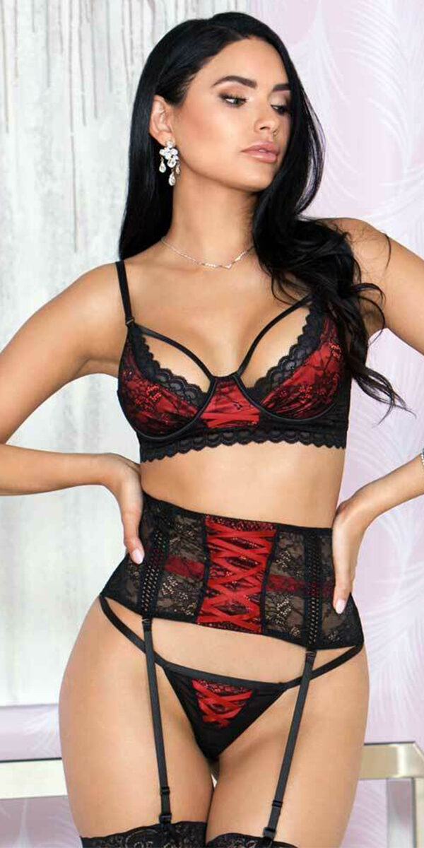 black and ruby bordeaux set with g-string sexy women's lingerie