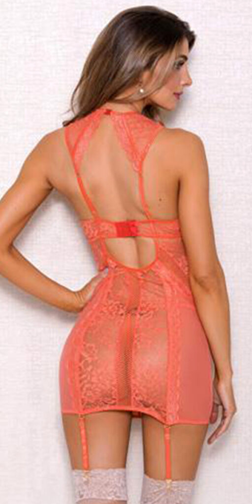 coral mesh lace chemise with neck choker and g-string sexy women's lingerie