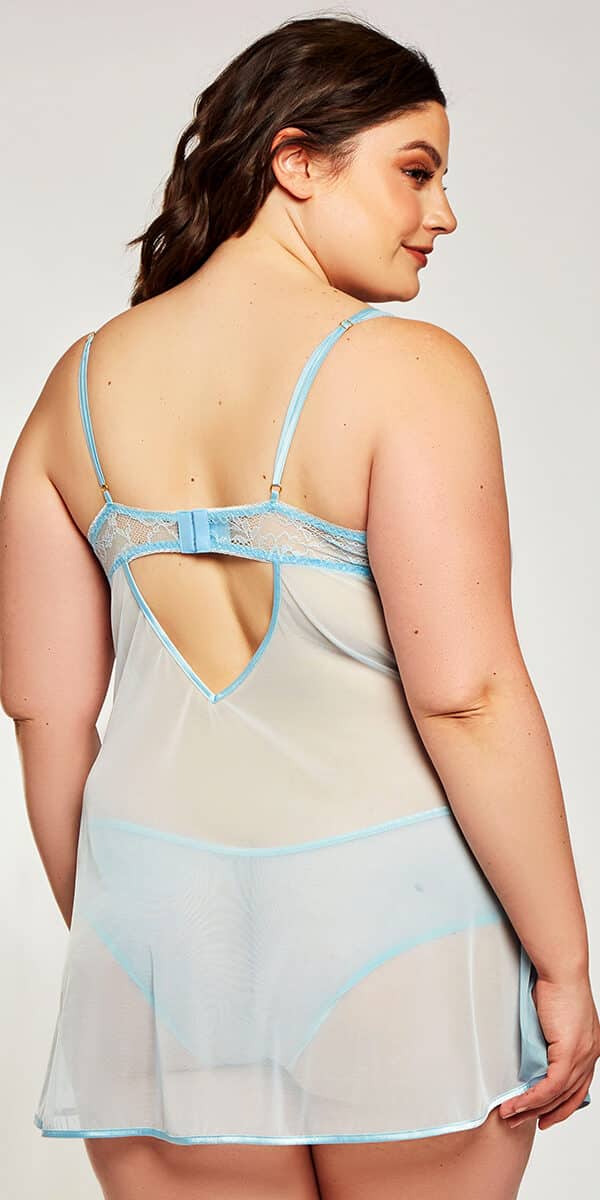 plus size light blue lace mesh babydoll with panty sexy curvy women's lingerie