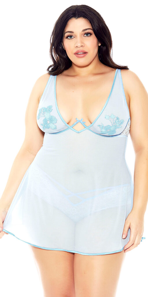 plus size light blue lace mesh babydoll with panty sexy women's lingerie curvy