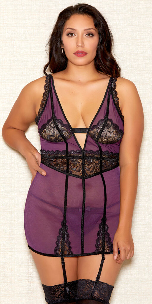 plus size purple and black glimmer lace mesh chemise with g-string sexy women's lingerie curvy