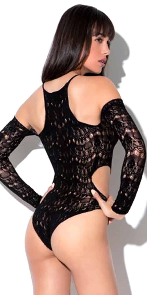 black long sleeve cold shoulder knit bodysuit sexy women's hosiery