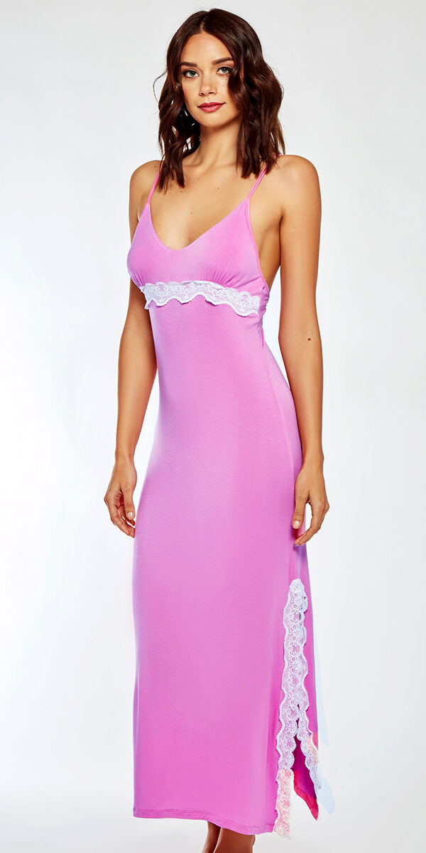 pink gown with white lace trim sexy women's sleepwear