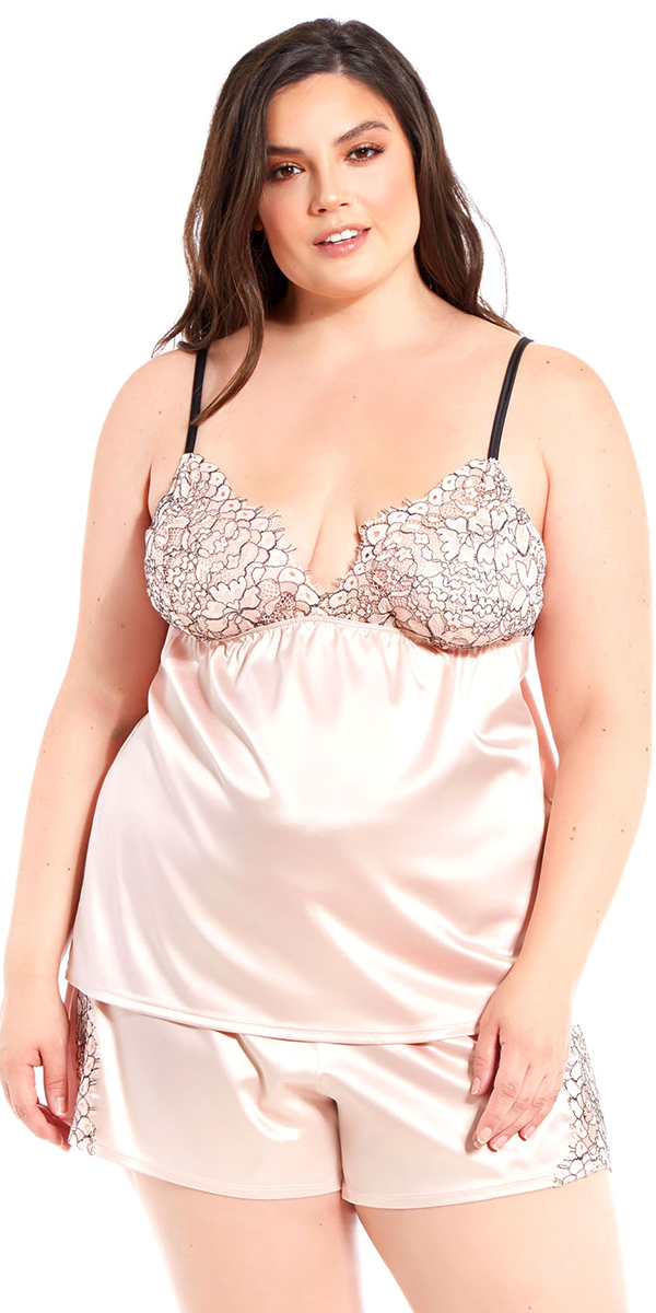 plus size apricot satin and floral lace camisole set sexy women's lingerie curvy