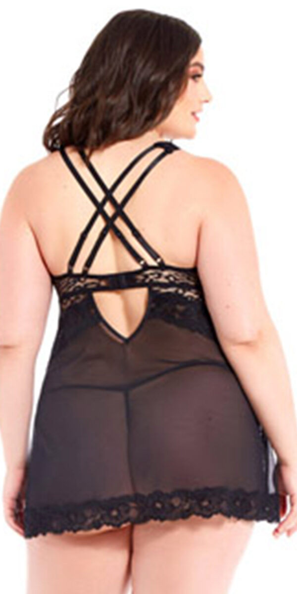 plus size black leopard lace mesh babydoll with g-string sexy women's lingerie curvy