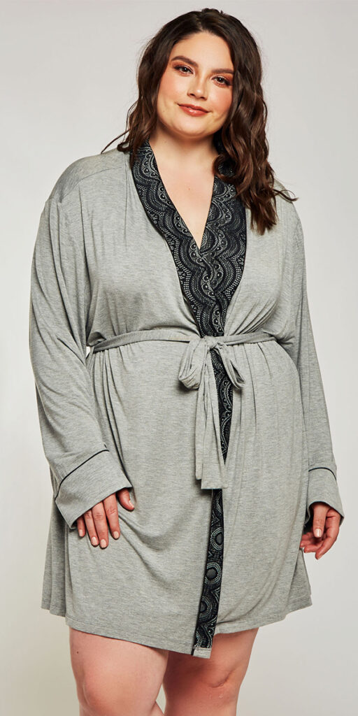 plus size grey modal shawl lace robe sexy women's loungewear curvy