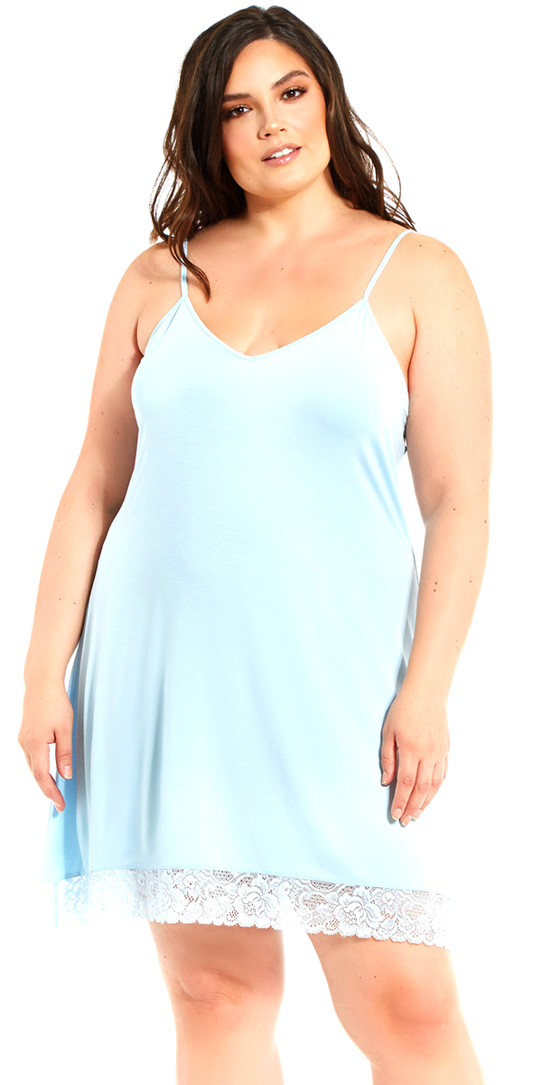 plus size light blue chemise with lace trim sexy curvy women's lingerie nightgown