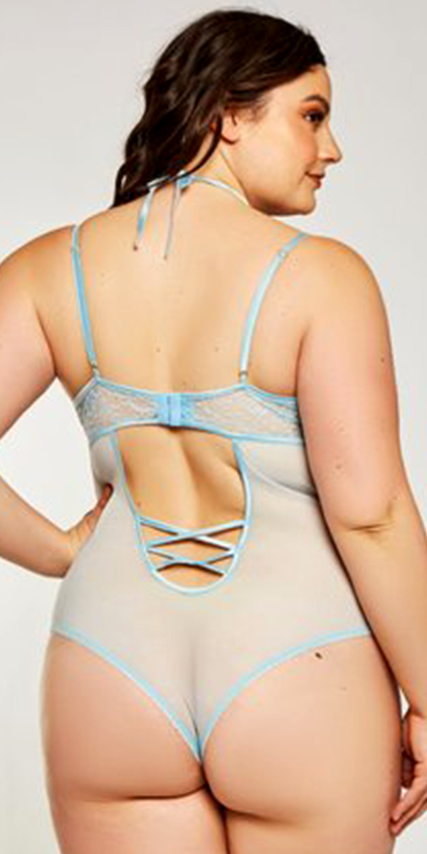 plus size light blue floral applique mesh teddy with choker sexy curvy women's lingerie