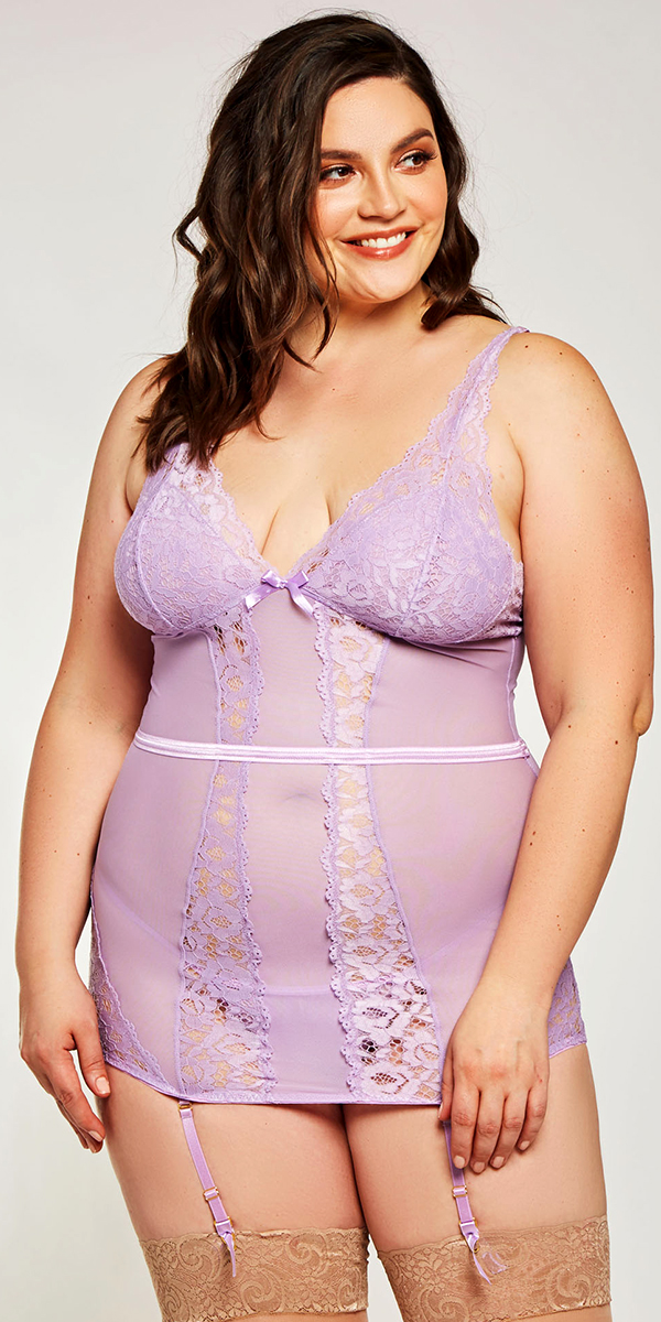 plus size mesh lace chemise with g-string sexy curvy women's lingerie