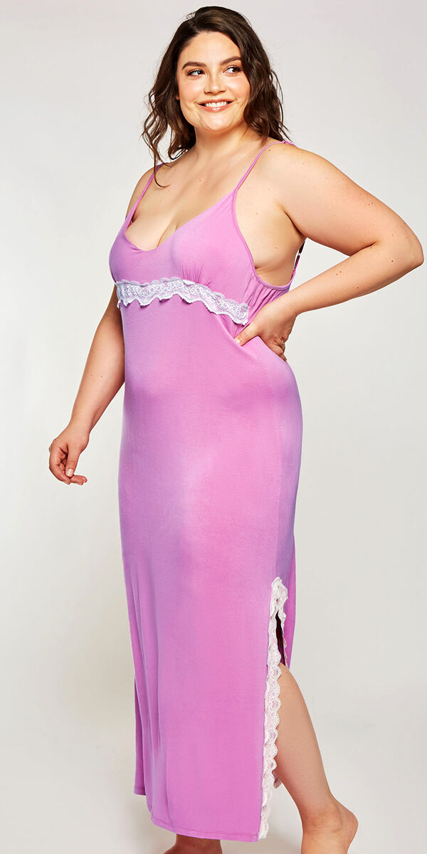 plus size pink gown with white lace trim sexy curvy women's loungewear