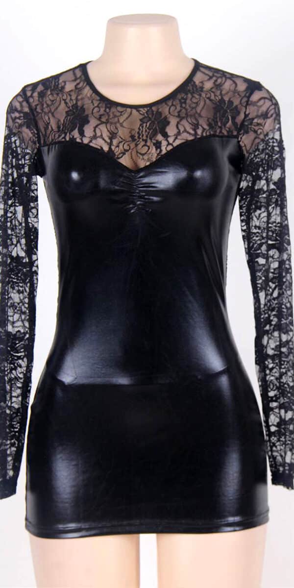 black leather lace mini dress sexy women's clubwear