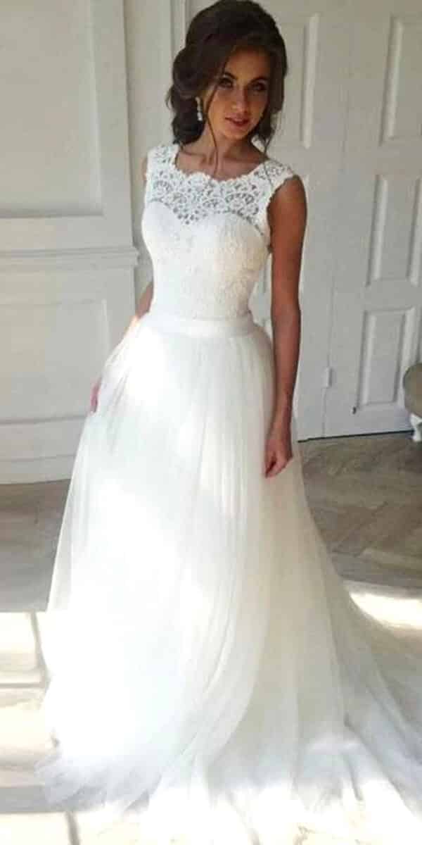 a-line tulle lace sleeveless long beach wedding dress sexy women's bridal gowns