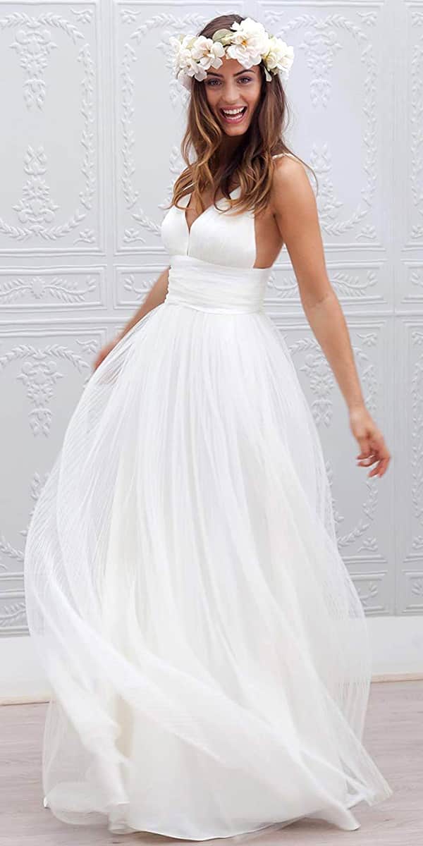 A Line Tulle Ruched Long Beach Wedding Dress