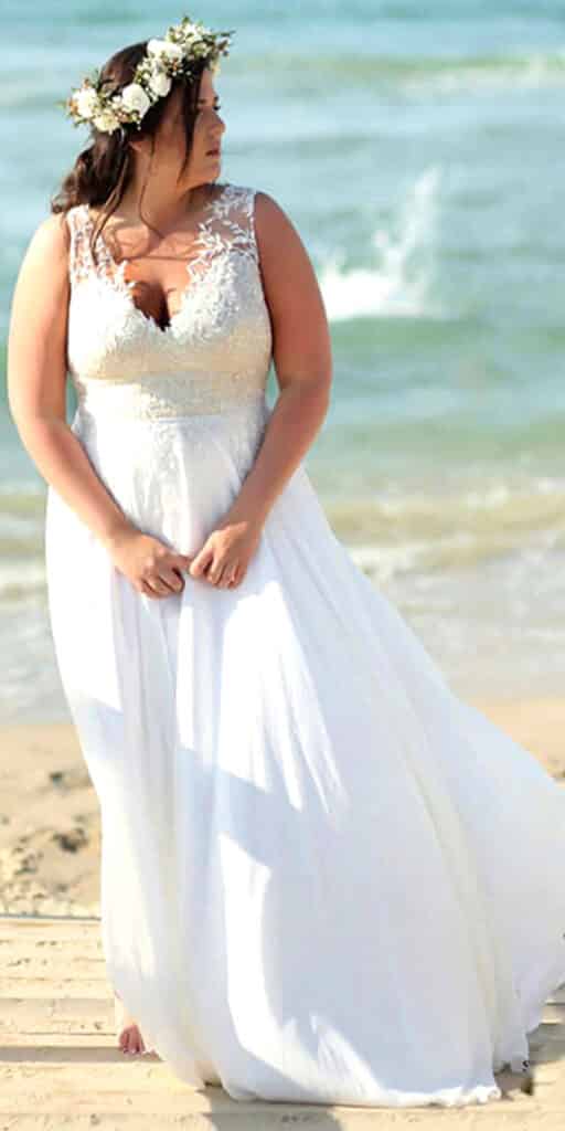 plus size a-line beach chiffon lace wedding dress sexy women's cheap curvy bridal gown