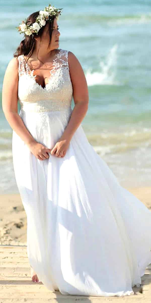 Plus Size A Line Beach Chiffon Lace Wedding Dress