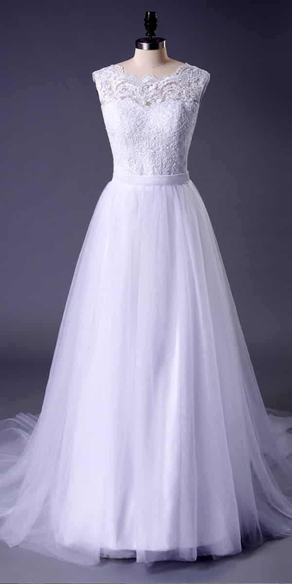 A-Line Tulle Lace Sleeveless Long Beach Wedding Dress | Bridal Gown