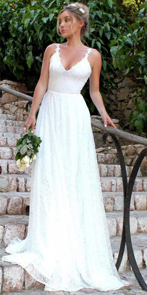 white a-line lace long wedding dress sexy women's cheap bridal gown
