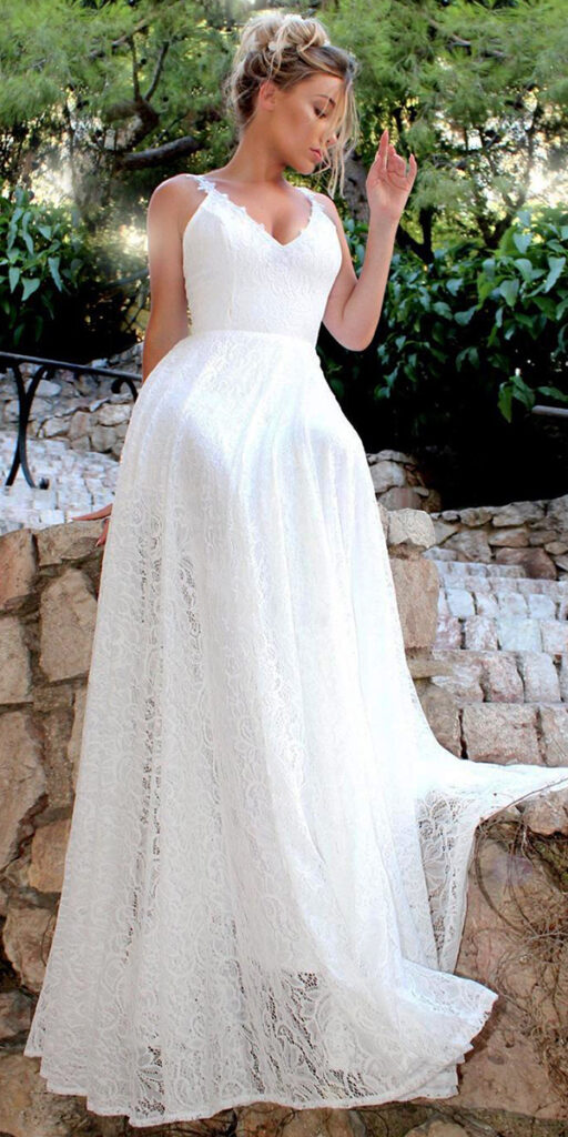 white a-line lace long wedding dress sexy women's cheap bridal gown