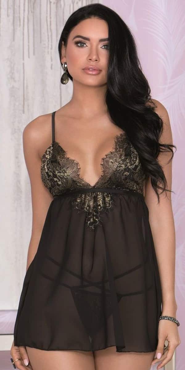 black eyelash lace mesh babydoll with g-string sexy women's lingerie