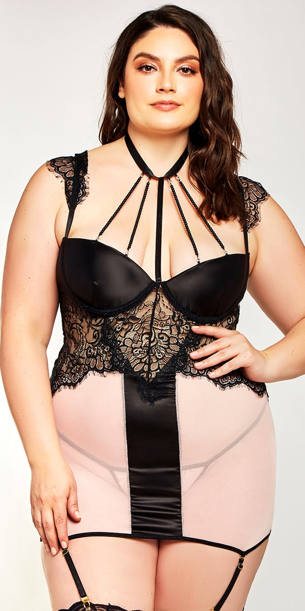 plus size black and pink mesh lace chemise with matching g-string sexy curvy women's lingerie