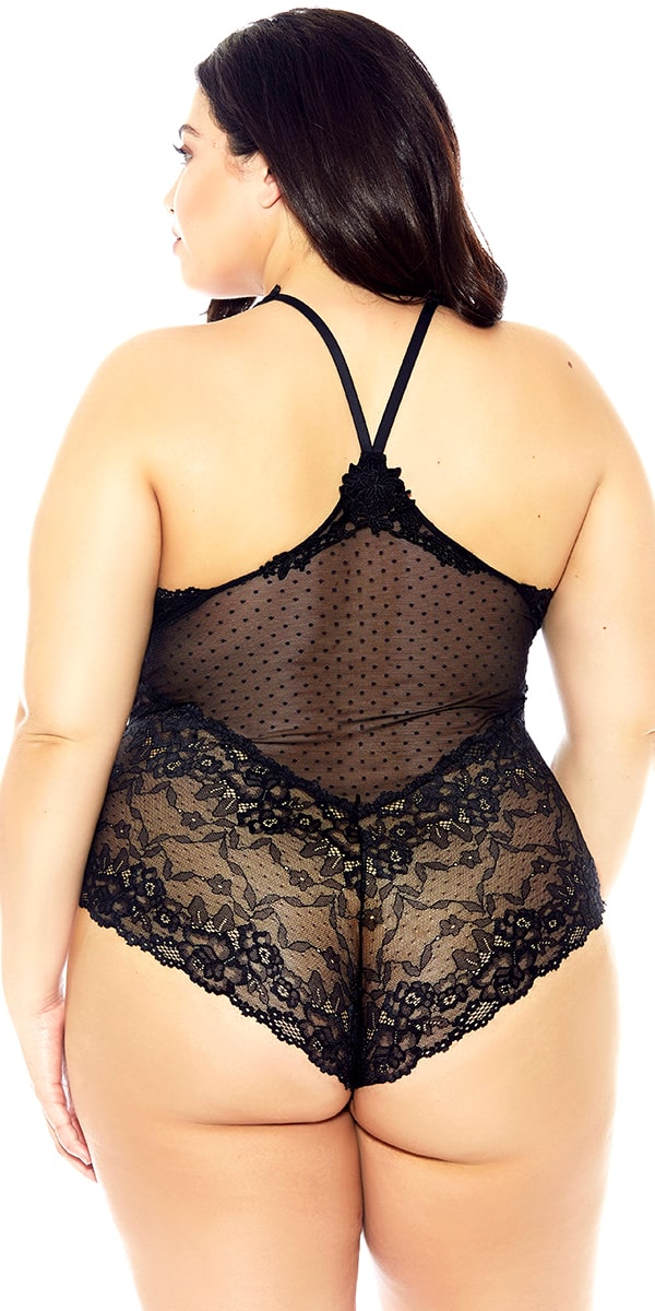 plus size black lace mesh teddy with deep n-neck sexy curvy women's lingerie