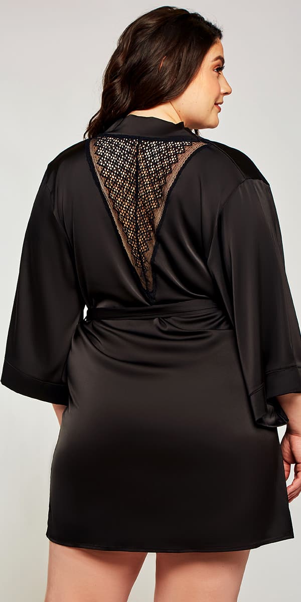 plus size black satin lace insert robe sexy curvy women's loungewear