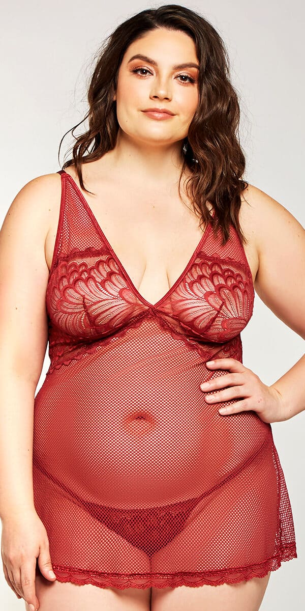plus size burgundy mesh lace babydoll with g-string sexy curvy women's lingerie