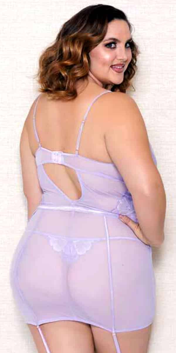 plus size lavender lace mesh chemise with g-string sexy curvy women's lingerie