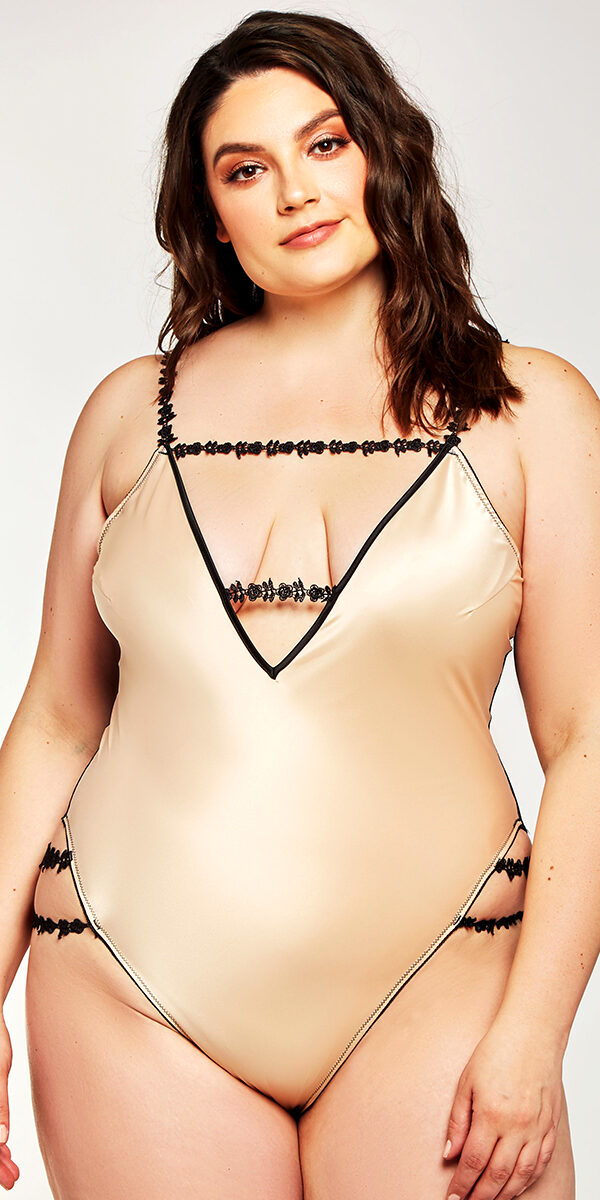 plus size nude and black satin lace teddy sexy curvy women's lingerie