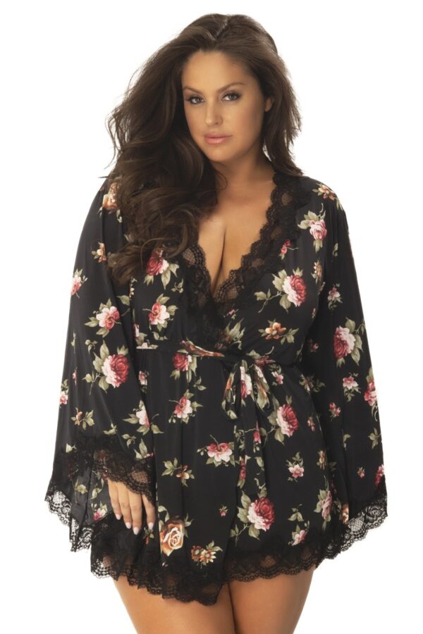 Simply Delicious Butterfly sleeve robe with floral lace edge and waist tie