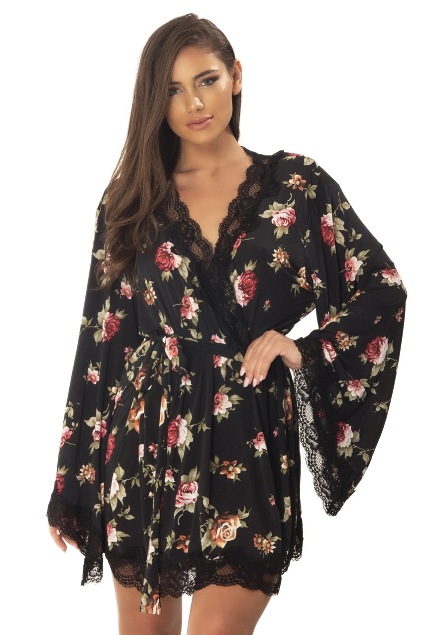Butterfly Sleeve Robe with Floral Lace Edge and Waist Tie| Robe