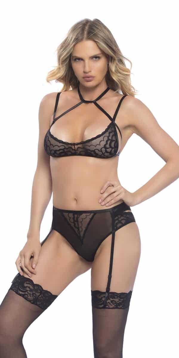 2 PC smooth lace harness neck bra and gartered open back panty