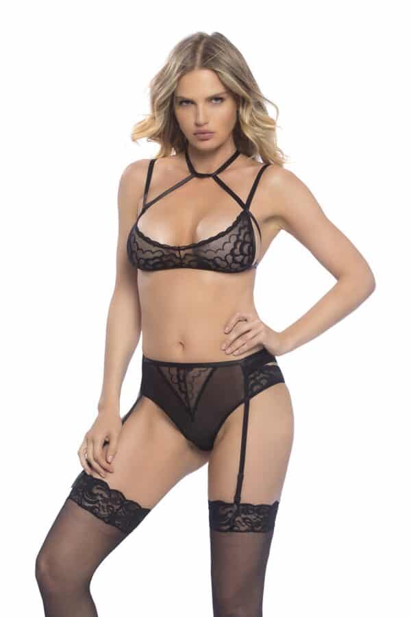 2 PC smooth lace harness neck bra and gartered open back panty