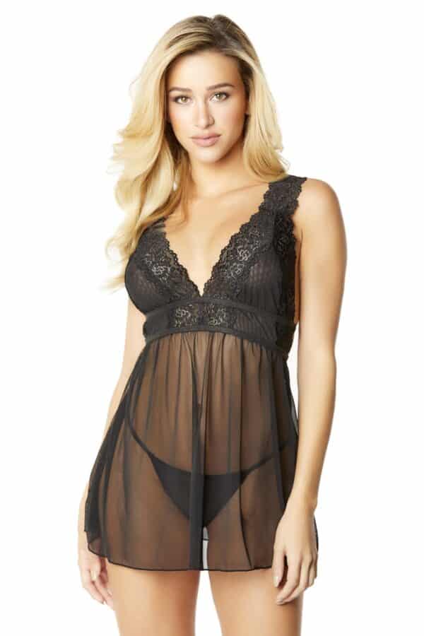 MESH AND LACE FRAME EMPIRE BABYDOLL WITH G-STRING