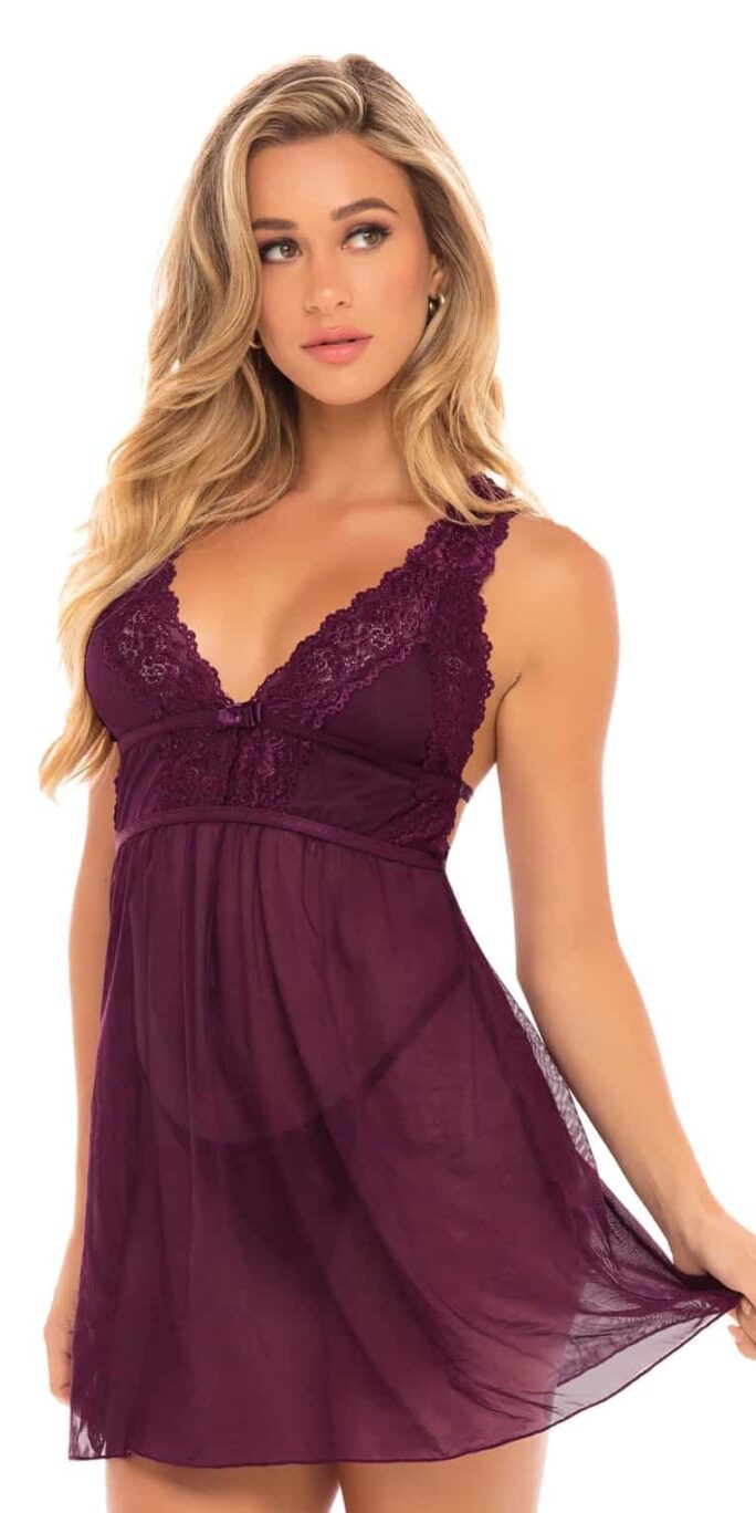 MESH AND LACE FRAME EMPIRE BABYDOLL WITH G-STRING