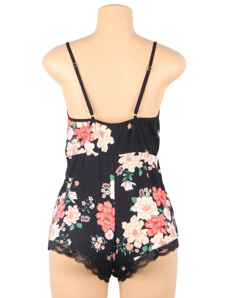 Plus Size Floral print V-neck Backless Pajama Romper Onesies| Lingerie