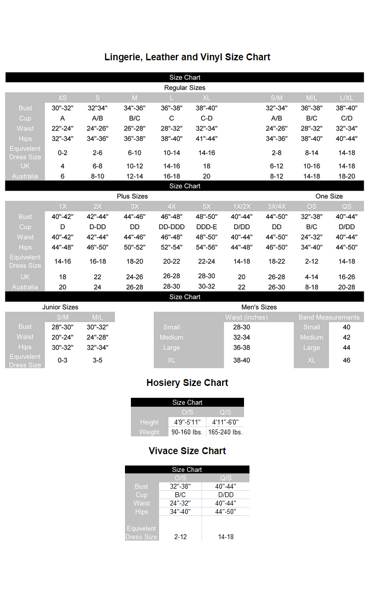 Mens and women's' lingerie size charts