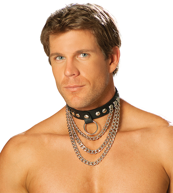 Men's leather collar with chains and O ring