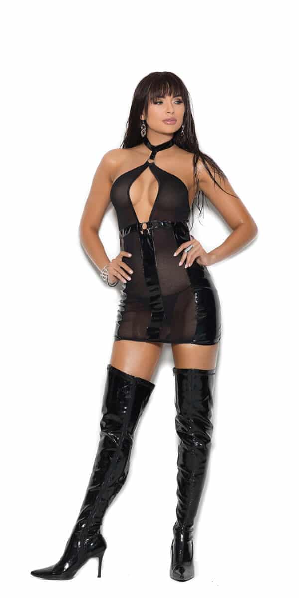 Vinyl and Fishnet Mini Dress with Keyhole Front 