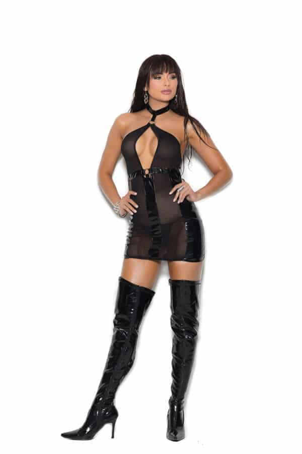Vinyl and Fishnet Mini Dress with Keyhole Front 